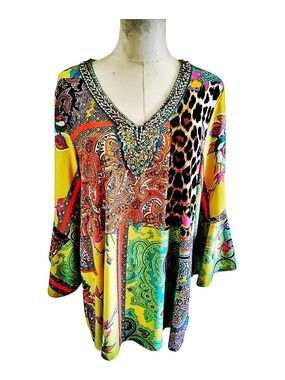 Melissa Paige Bold Multicolor Beaded Abstract Women’s Blouse Size XL